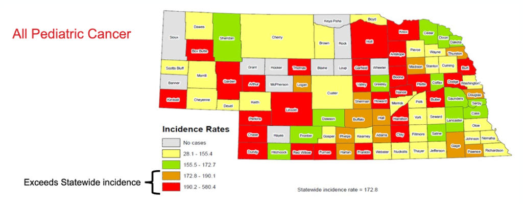Map of Nebraska counties with pediatric cancer rates above the state normal.